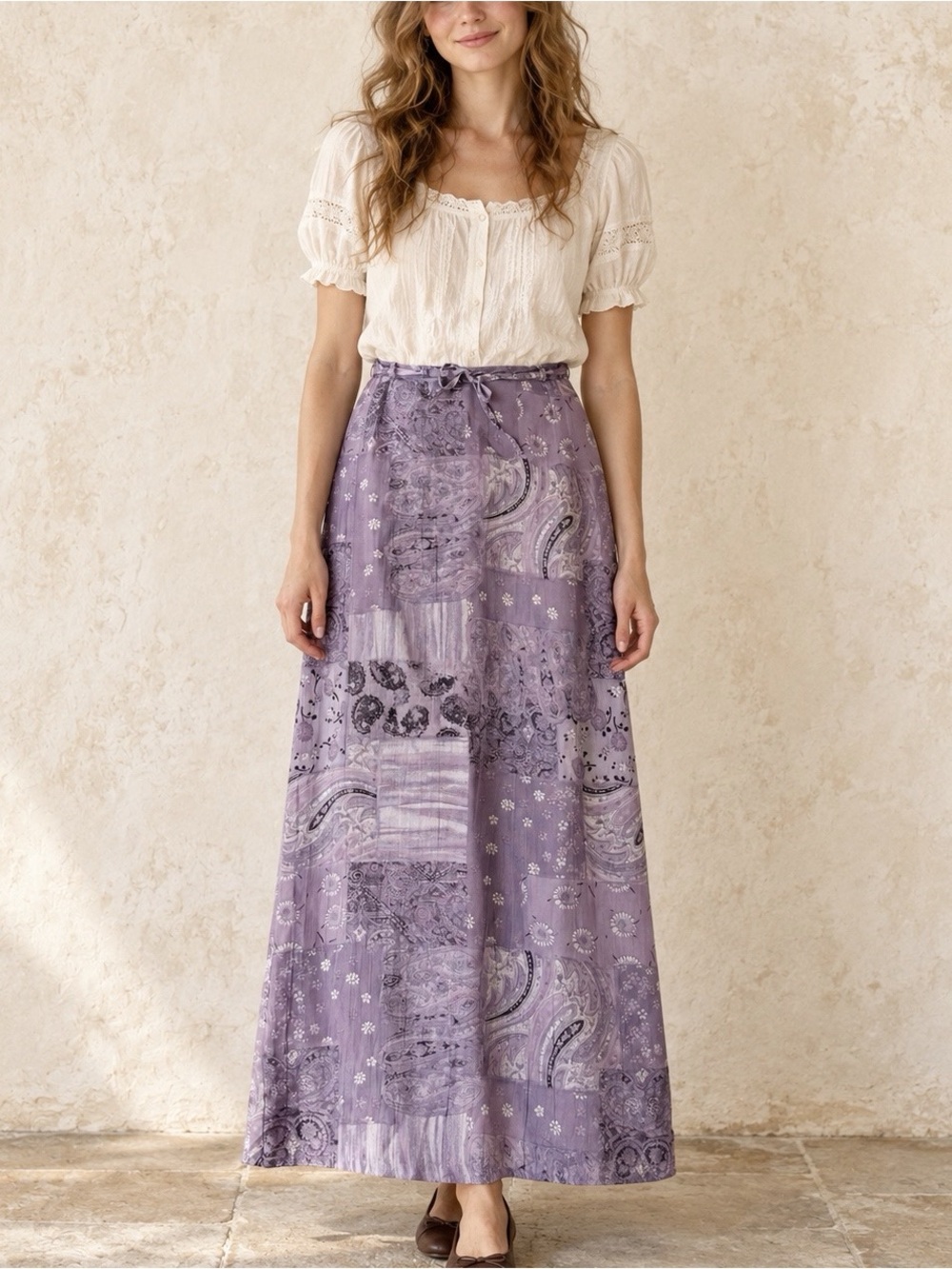 VTG Y2K 90s Purple Chiffon Paisley Patchwork Maxi Skirt SMALL Boho Romantic Folk